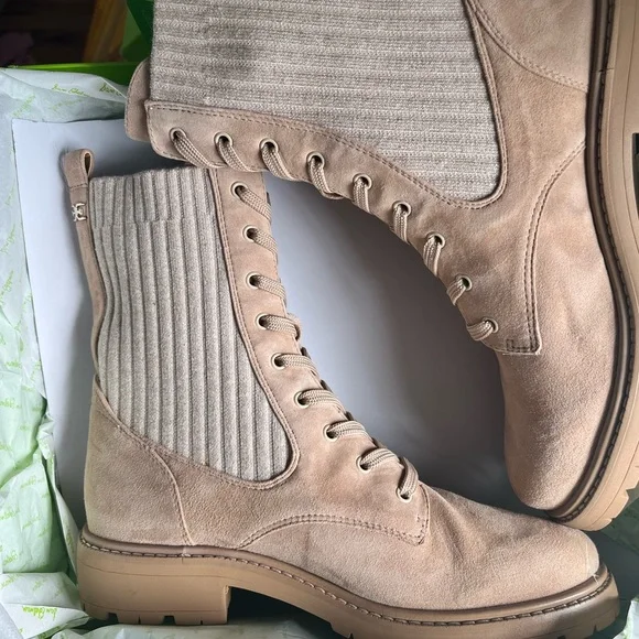NIB Sam Edelman Lydell Combat Sesame Suede Tan Knit Sock Ankle Boots size 8.5 - Picture 7 of 12